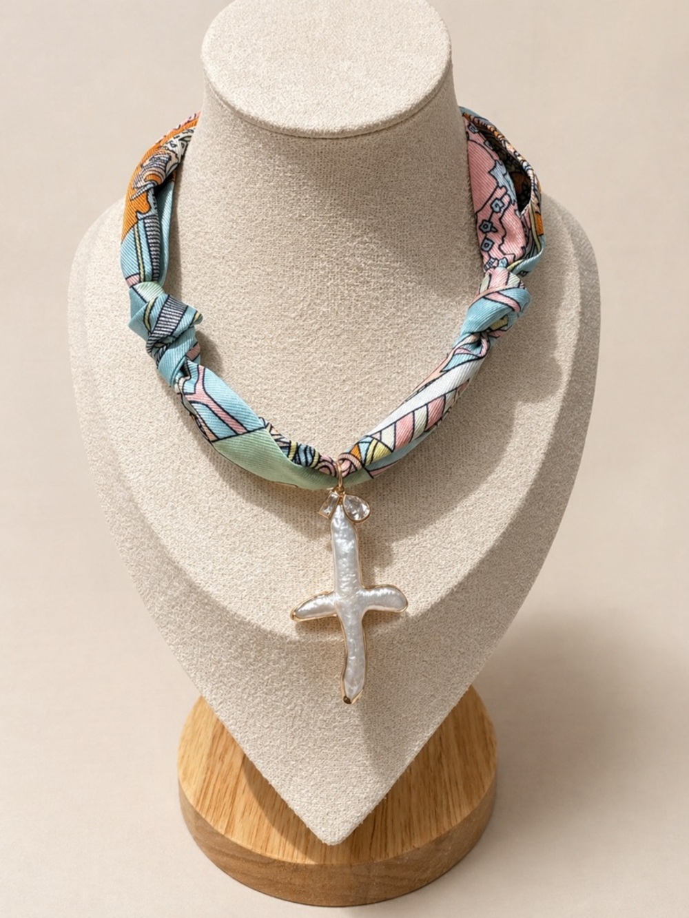 Pastel Multicolor Scarf Necklace with Pearl Cross Pendant